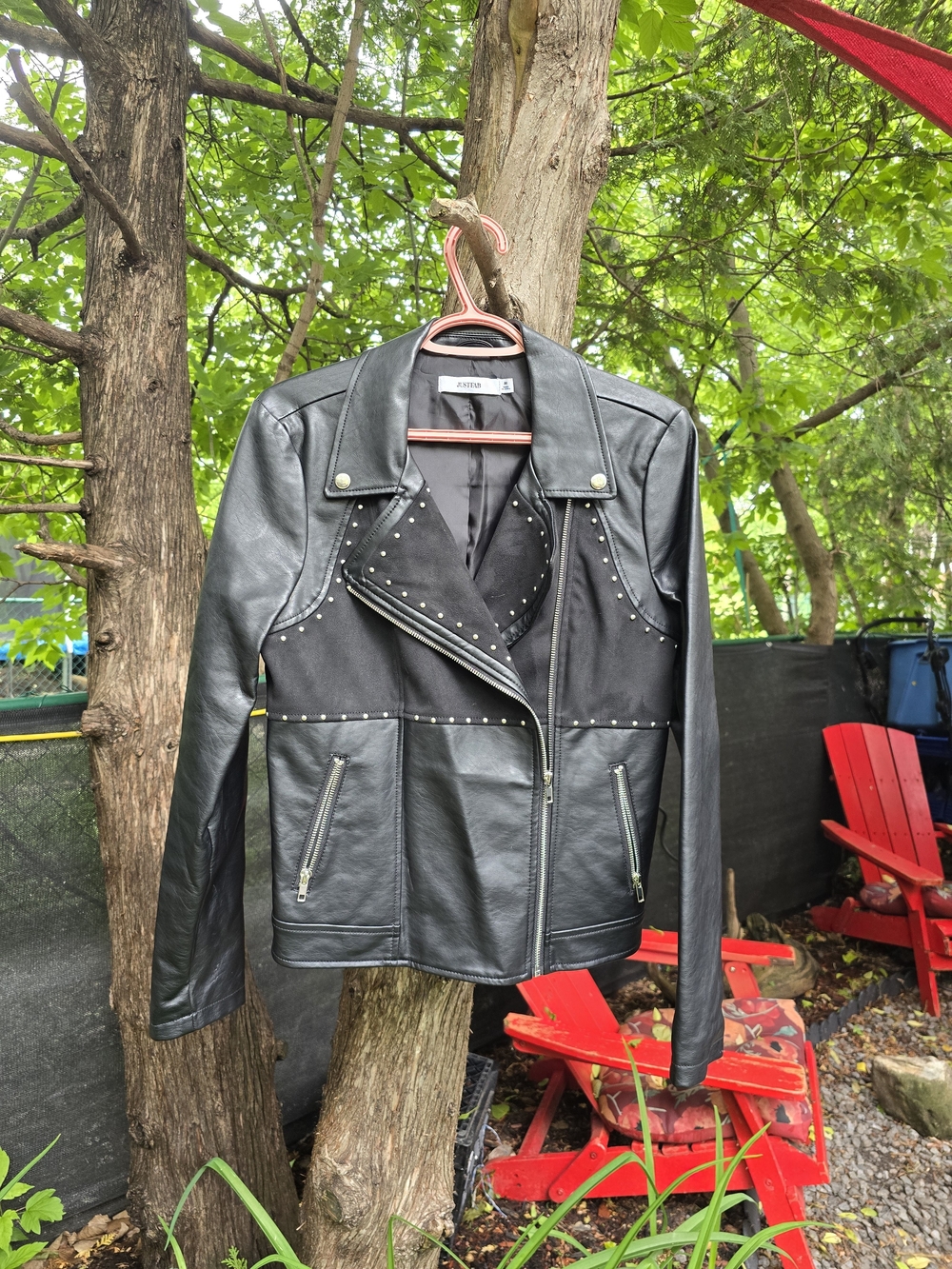 JustFab Black Faux Leather Studded Moto Jacket